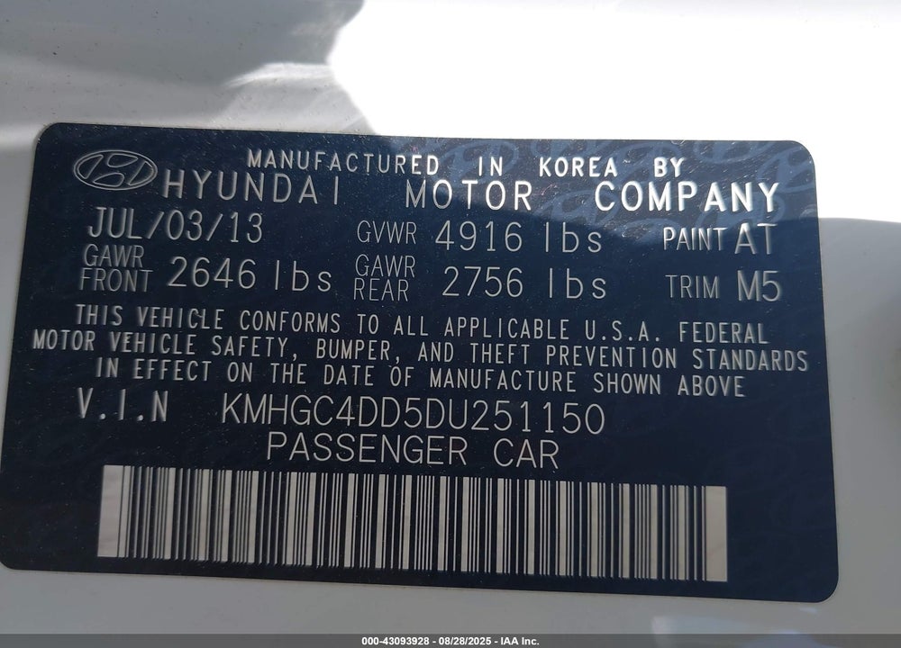 2013 HYUNDAI GENESIS VIN: KMHGC4DD5DU251150