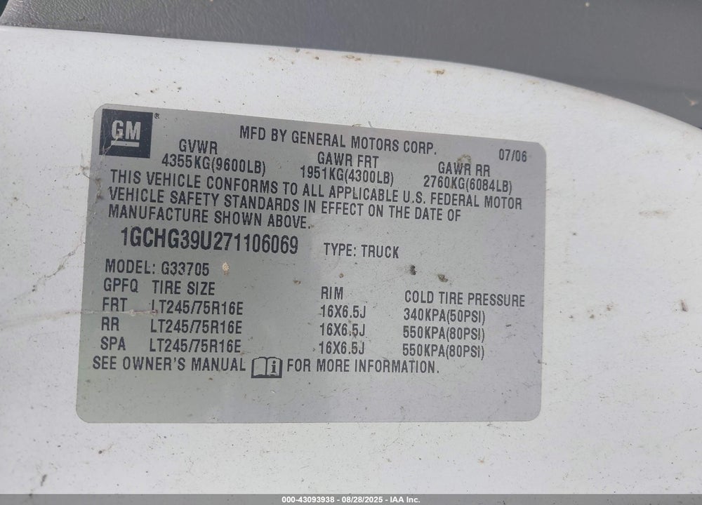 2007 CHEVROLET EXPRESS WORK VAN VIN: 1GCHG39U271106069
