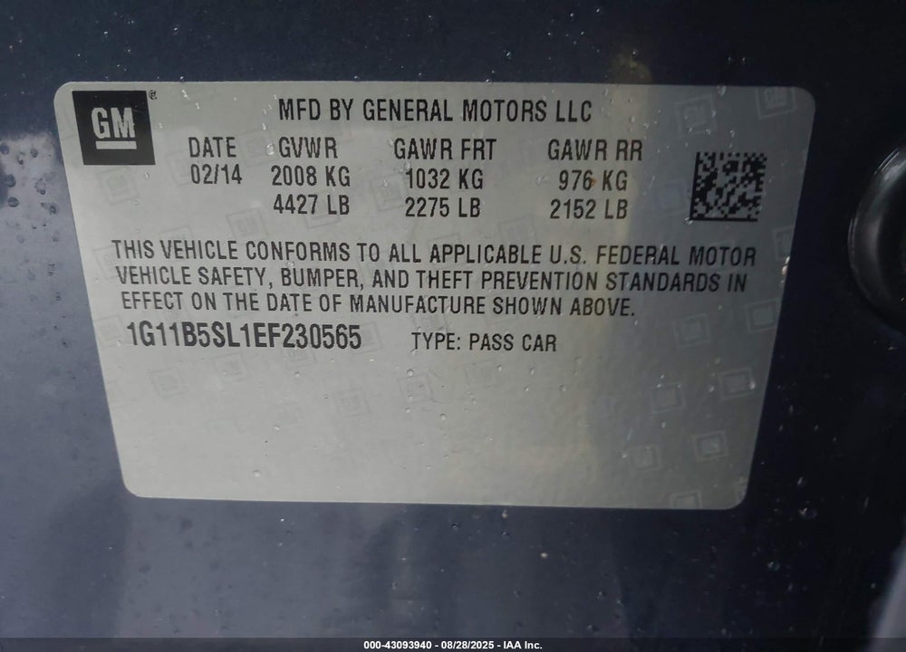 2014 CHEVROLET MALIBU VIN: 1G11B5SL1EF230565