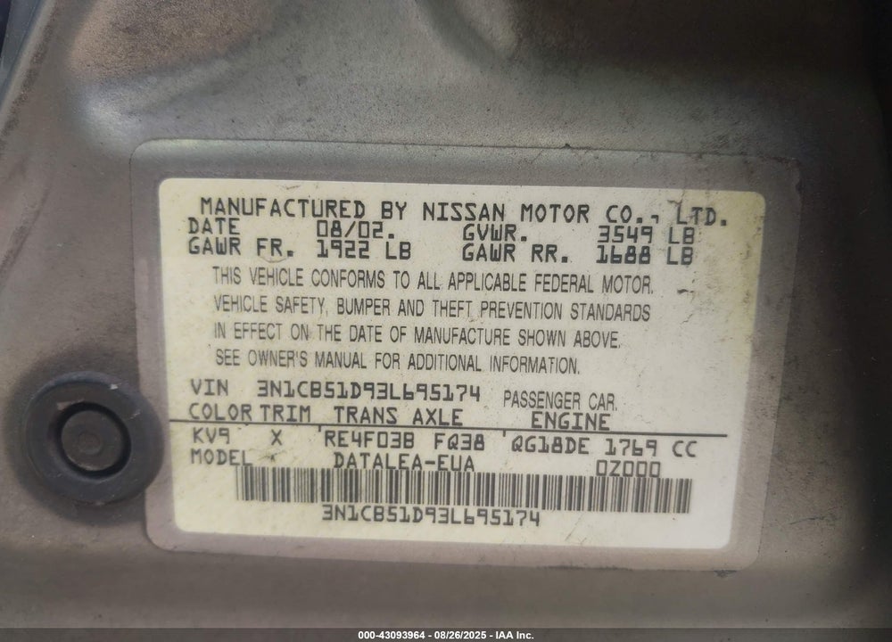 2003 NISSAN SENTRA GXE VIN: 3N1CB51D93L695174