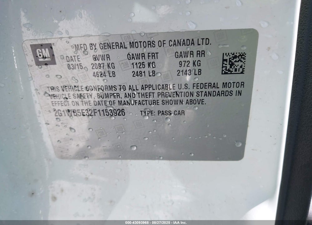 2015 CHEVROLET IMPALA LIMITED VIN: 2G1WB5E32F1153926
