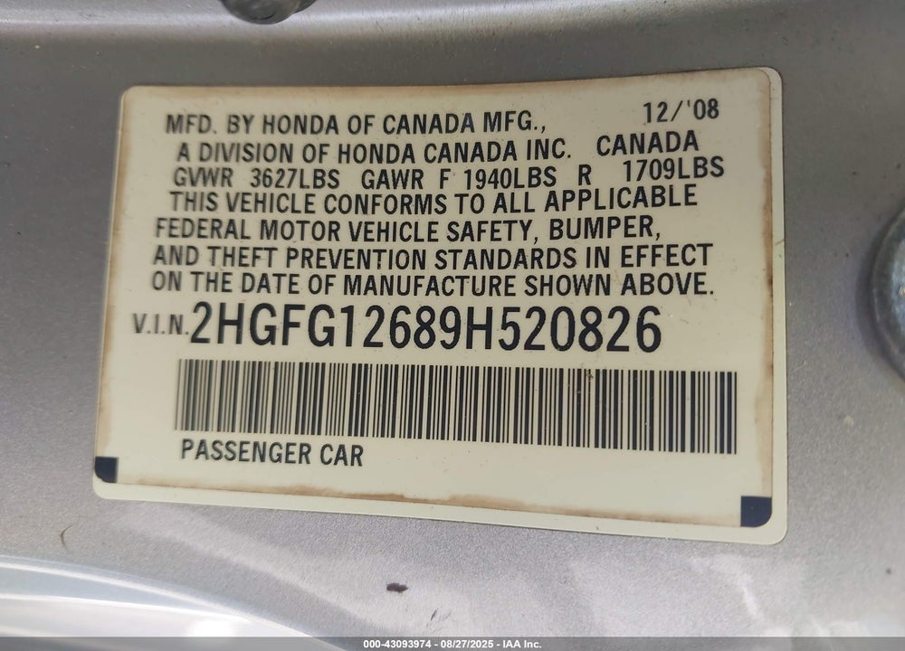 2009 HONDA CIVIC LX VIN: 2HGFG12689H520826