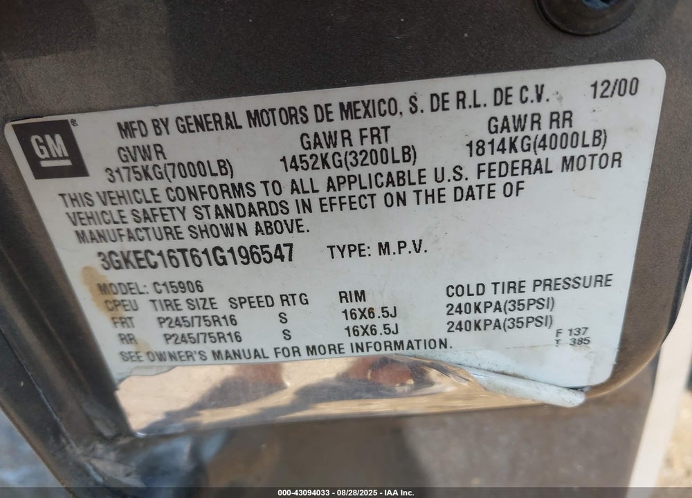 2001 GMC YUKON XL 1500 SLT VIN: 3GKEC16T61G196547