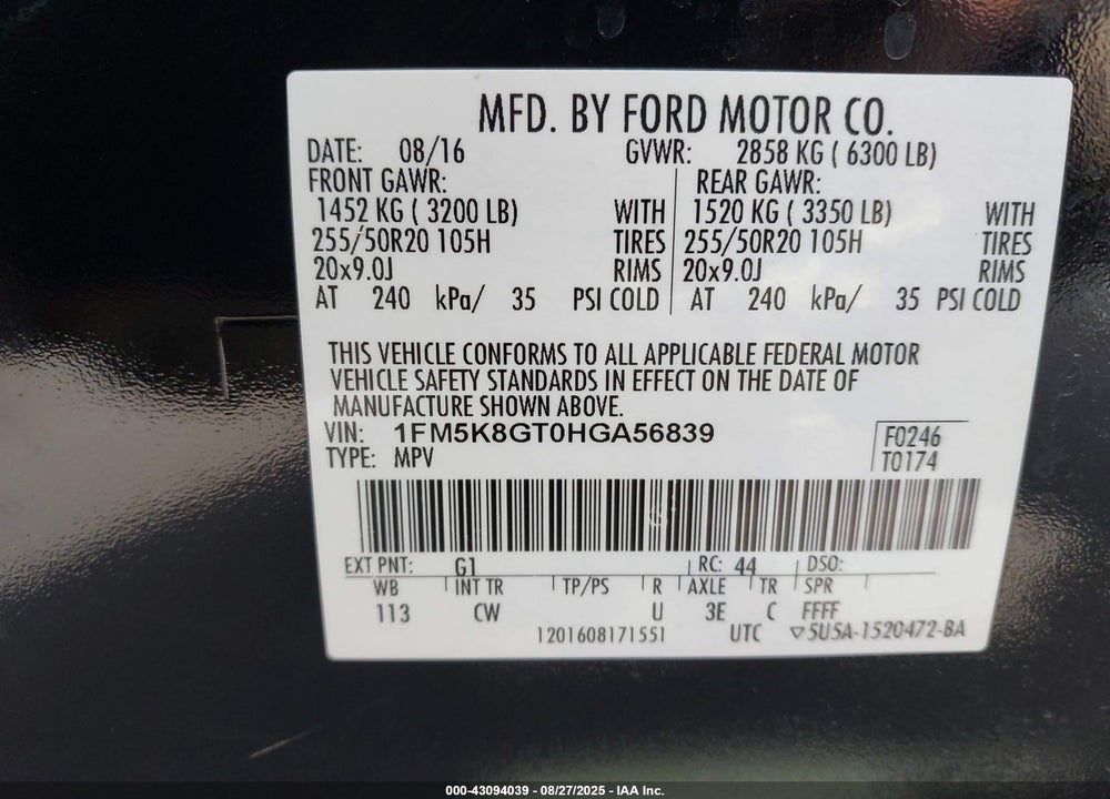2017 FORD EXPLORER VIN: 1FM5K8GT0HGA56839