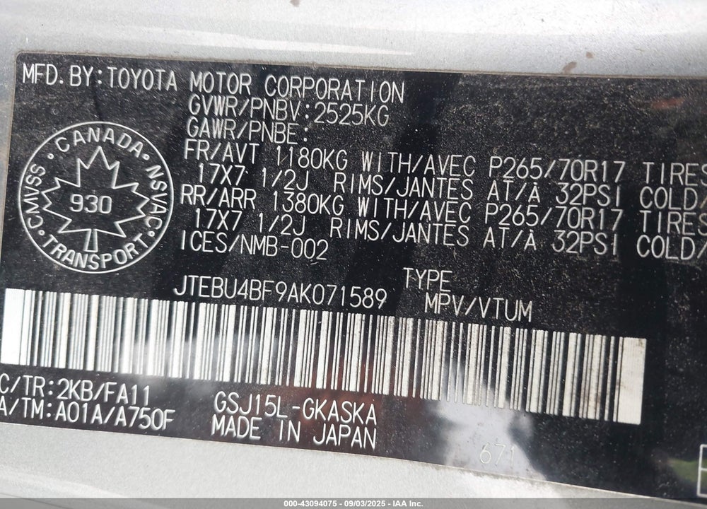 2010 TOYOTA FJ CRUISER VIN: JTEBU4BF9AK071589