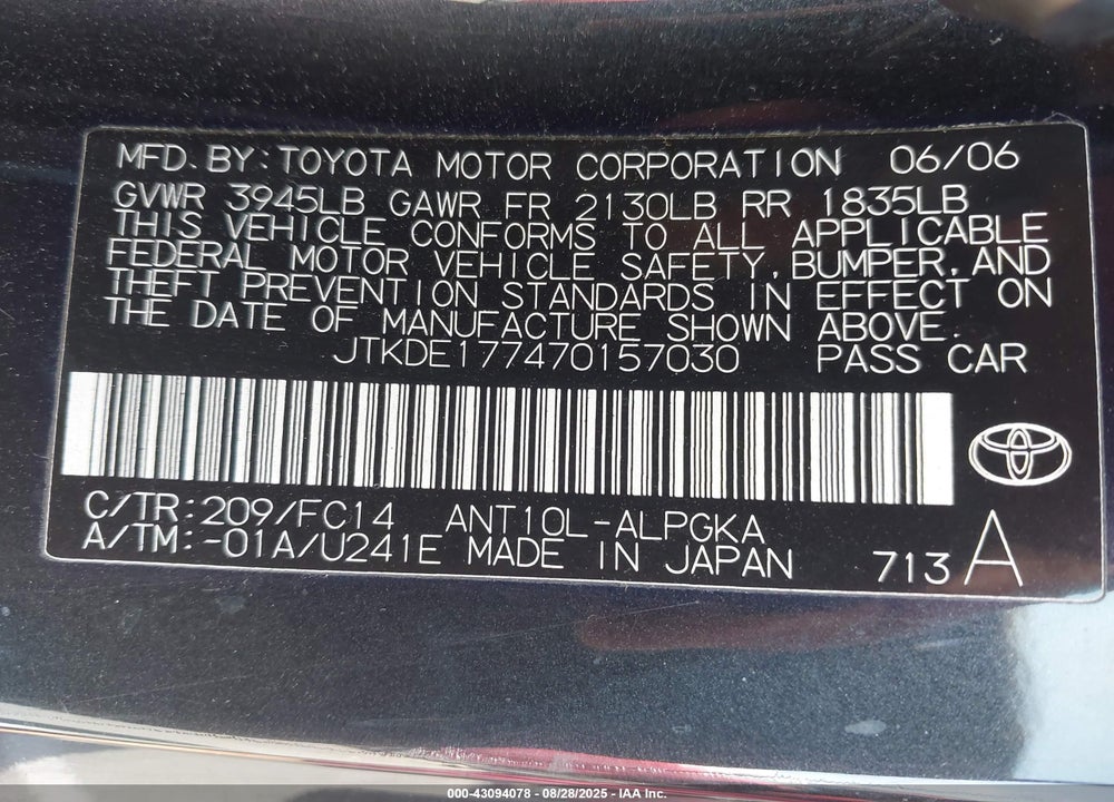 2007 SCION TC VIN: JTKDE177470157030