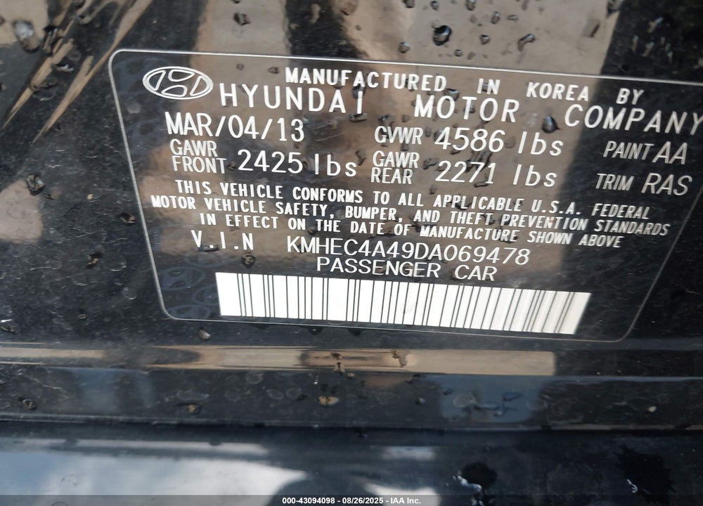 2013 HYUNDAI SONATA HYBRID VIN: KMHEC4A49DA069478