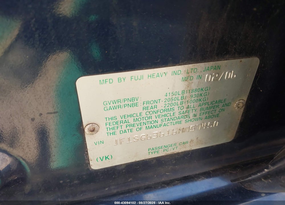 2006 SUBARU FORESTER 2.5X VIN: JF1SG63616H757450