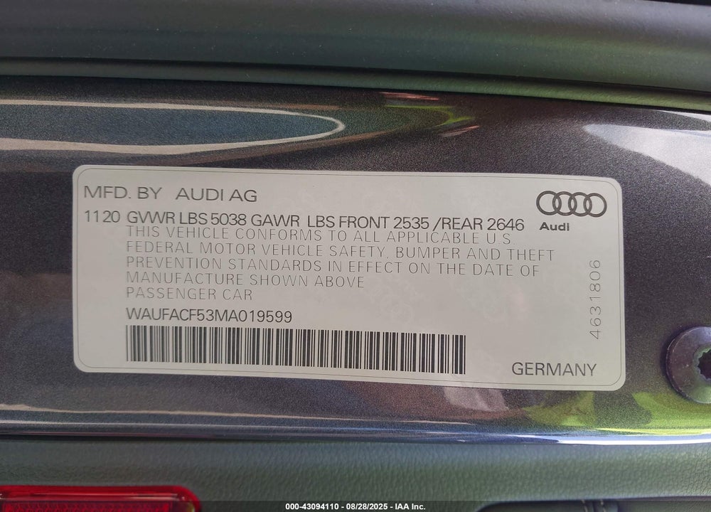 2021 AUDI A5 SPORTBACK VIN: WAUFACF53MA019599