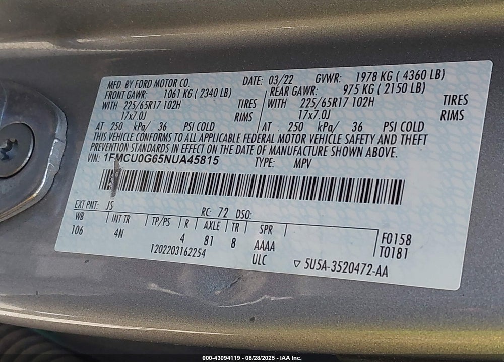 2022 FORD ESCAPE SE VIN: 1FMCU0G65NUA45815