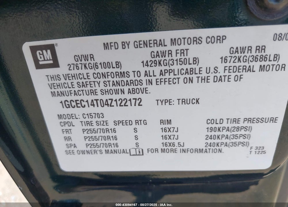 2004 CHEVROLET SILVERADO 1500 LS VIN: 1GCEC14T04Z122172