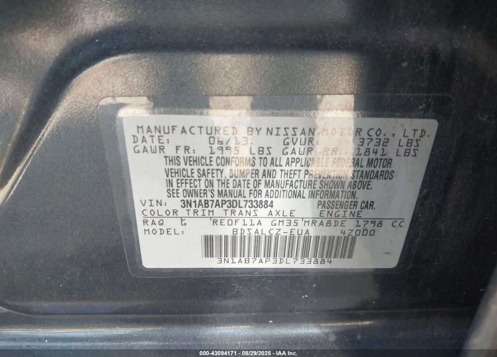 2013 NISSAN SENTRA VIN: 3N1AB7AP3DL733884
