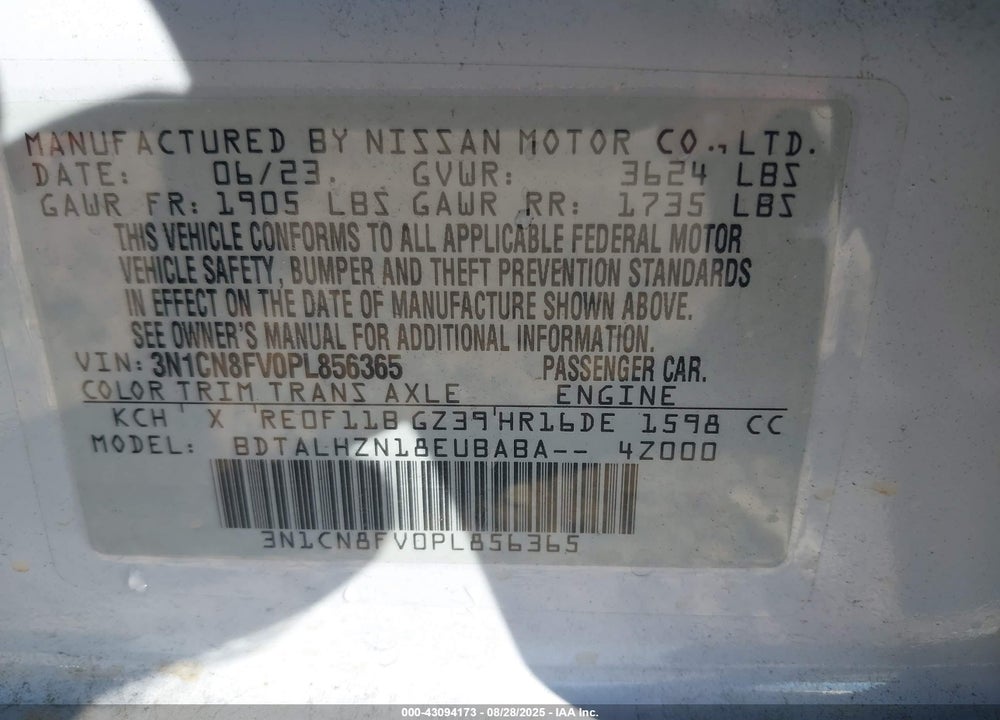 2023 NISSAN VERSA VIN: 3N1CN8FV0PL856365