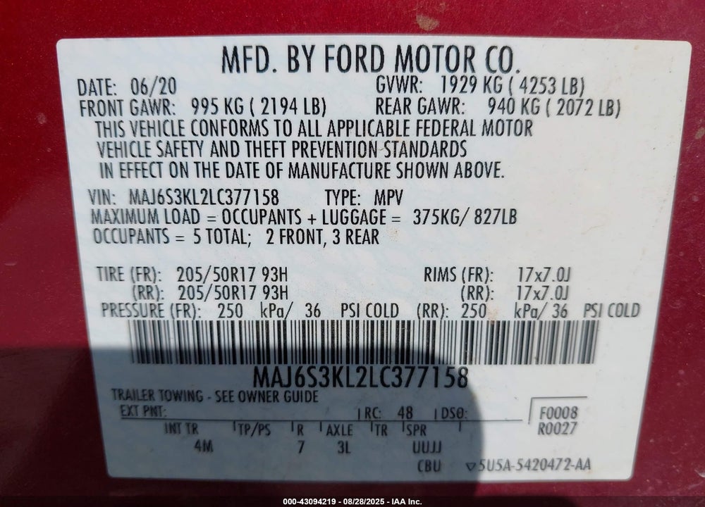 2020 FORD ECOSPORT VIN: MAJ6S3KL2LC377158