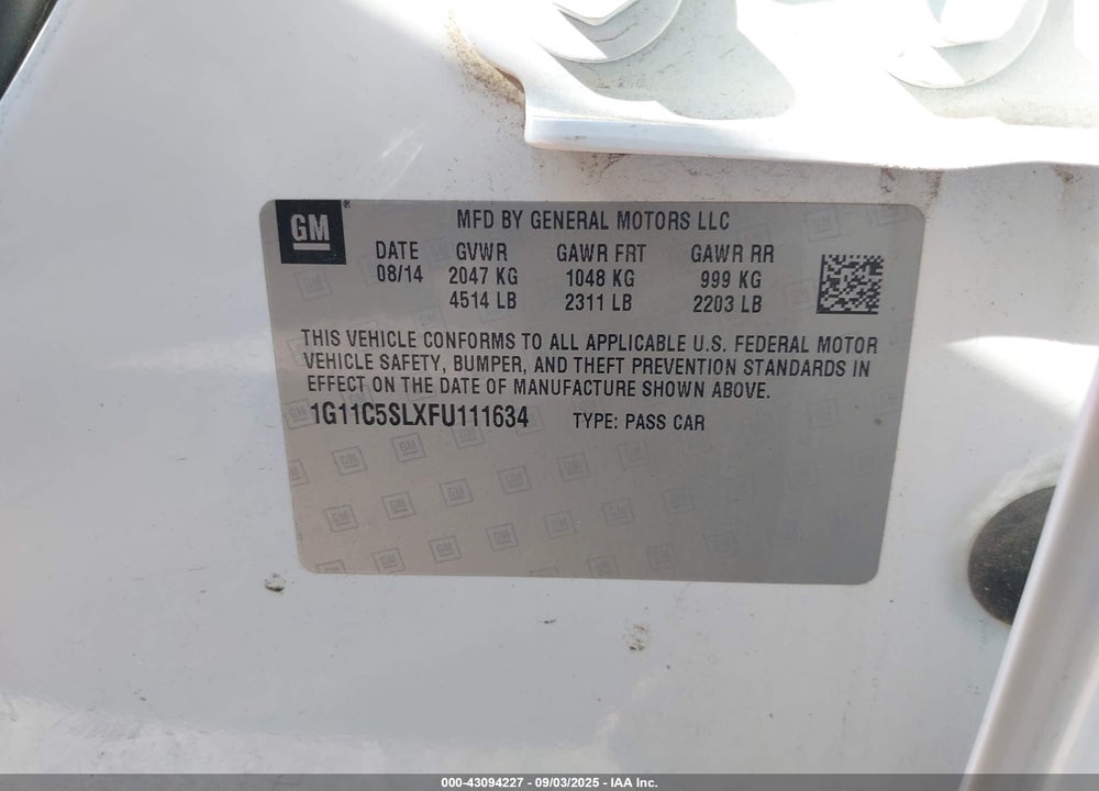 2015 CHEVROLET MALIBU VIN: 1G11C5SLXFU111634