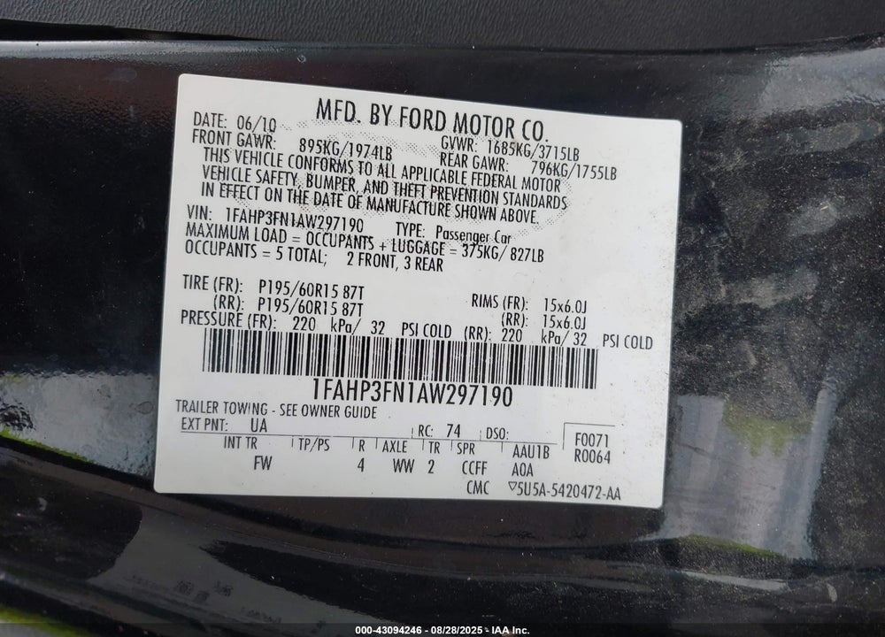 2010 FORD FOCUS SE VIN: 1FAHP3FN1AW297190