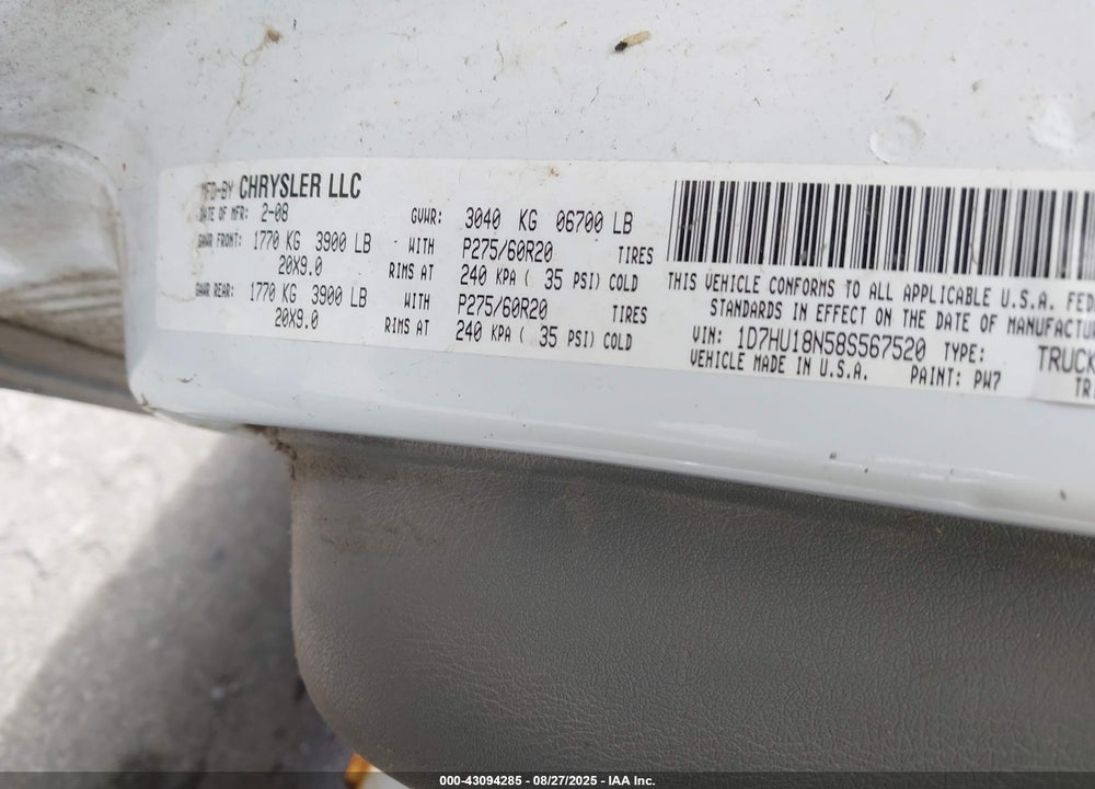 2008 DODGE RAM 1500 VIN: 1D7HU18N58S567520