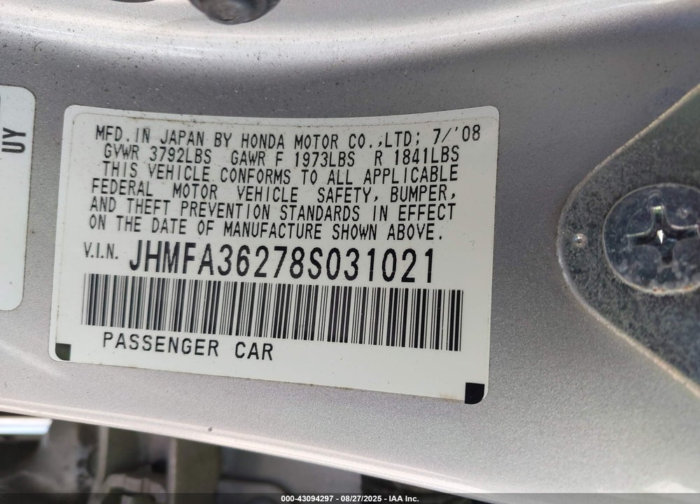 2008 HONDA CIVIC HYBRID VIN: JHMFA36278S031021