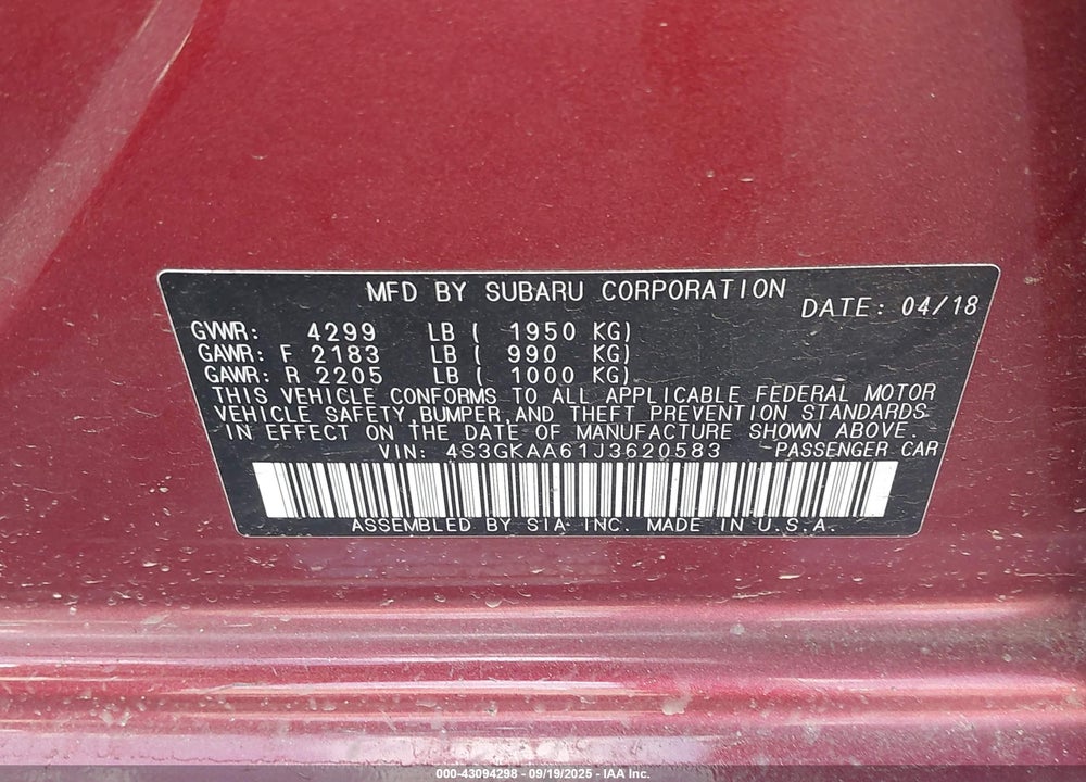 2018 SUBARU IMPREZA 2.0I VIN: 4S3GKAA61J3620583
