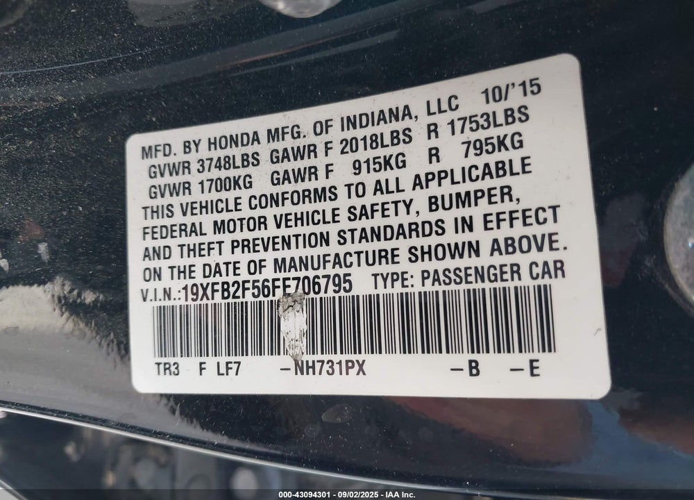 2015 HONDA CIVIC VIN: 19XFB2F56FE706795