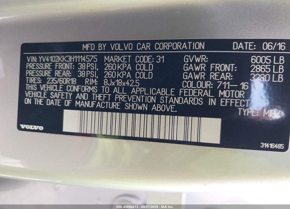 2017 VOLVO XC90 VIN: YV4102KK3H1114575