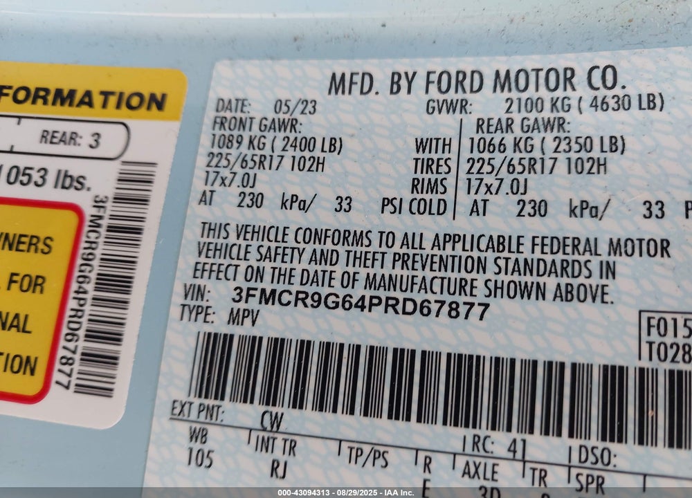 2023 FORD BRONCO SPORT HERITAGE VIN: 3FMCR9G64PRD67877