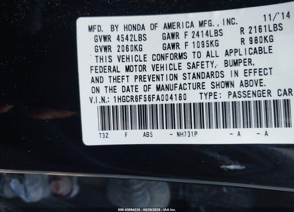 2015 HONDA ACCORD VIN: 1HGCR6F56FA004180