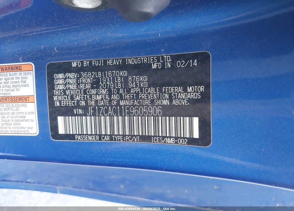 2014 SUBARU BRZ VIN: JF1ZCAC11E9605906