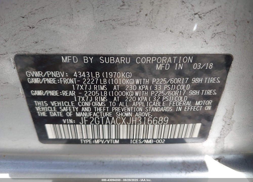 2018 SUBARU CROSSTREK VIN: JF2GTAACXJH316689