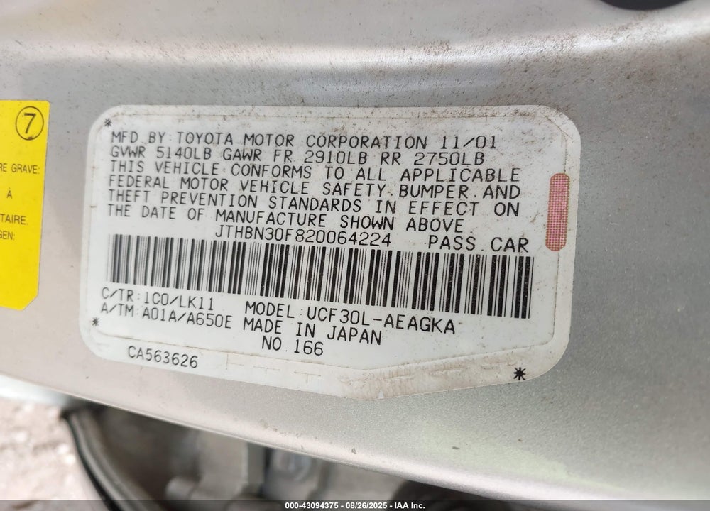 2002 LEXUS LS 430 VIN: JTHBN30F820064224