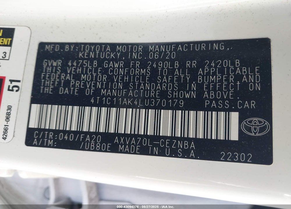 2020 TOYOTA CAMRY LE VIN: 4T1C11AK4LU370179