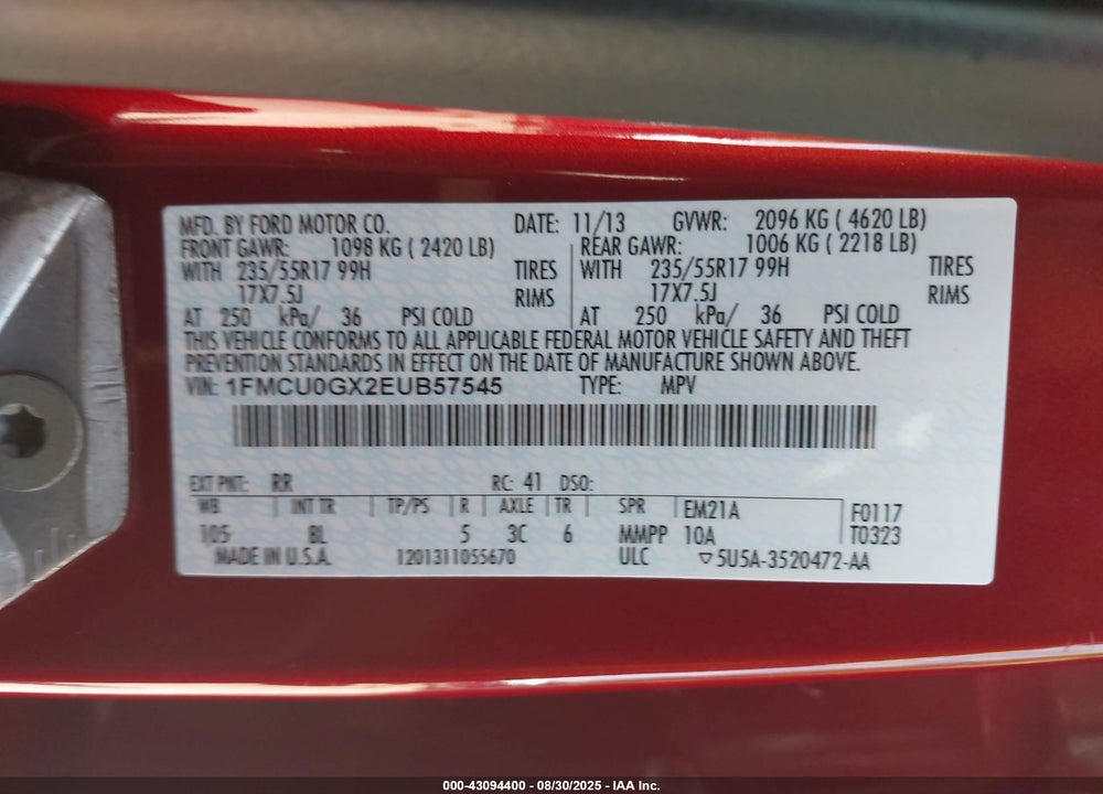 2014 FORD ESCAPE VIN: 1FMCU0GX2EUB57545