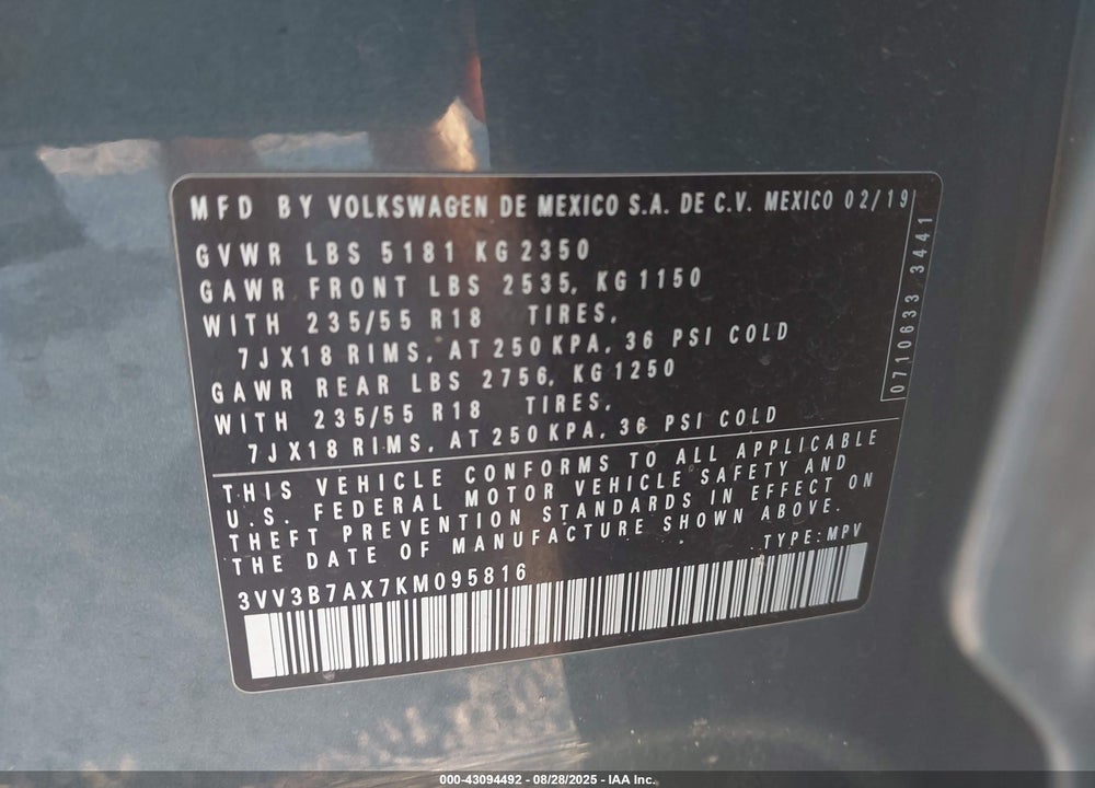 2019 VOLKSWAGEN TIGUAN VIN: 3VV3B7AX7KM095816