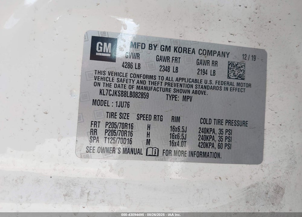 2020 CHEVROLET TRAX VIN: KL7CJKSB8LB082859