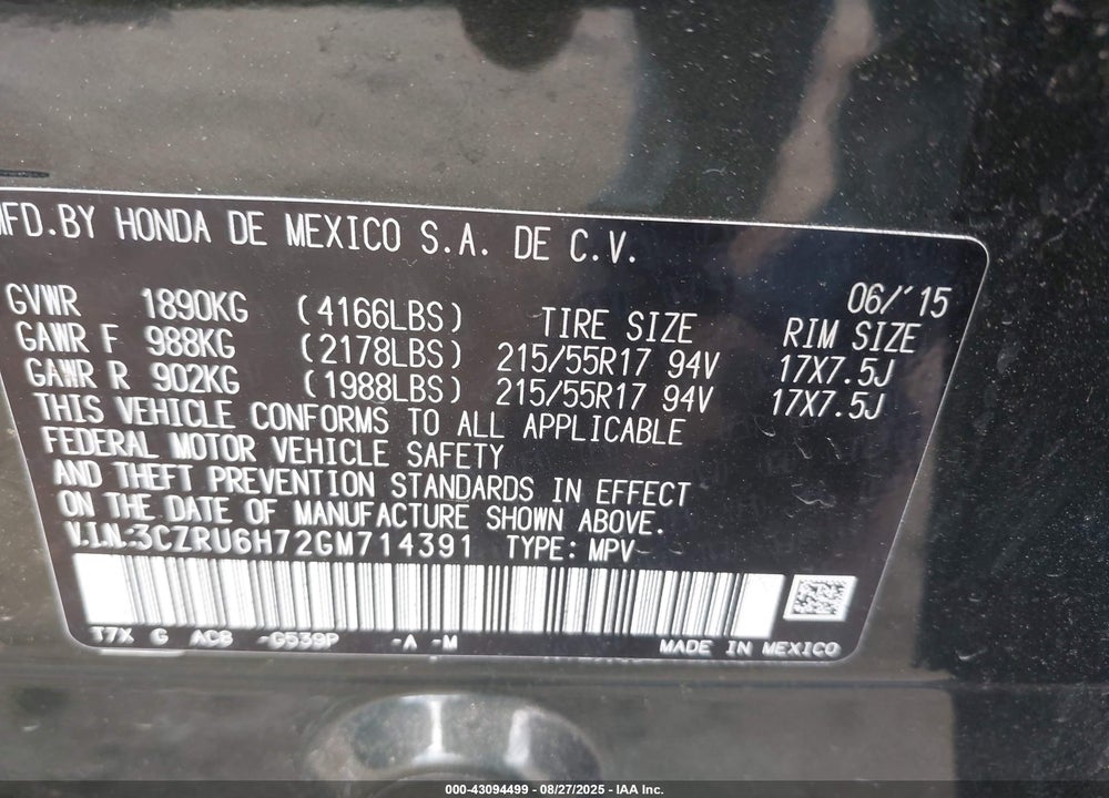 2016 HONDA HR-V VIN: 3CZRU6H72GM714391