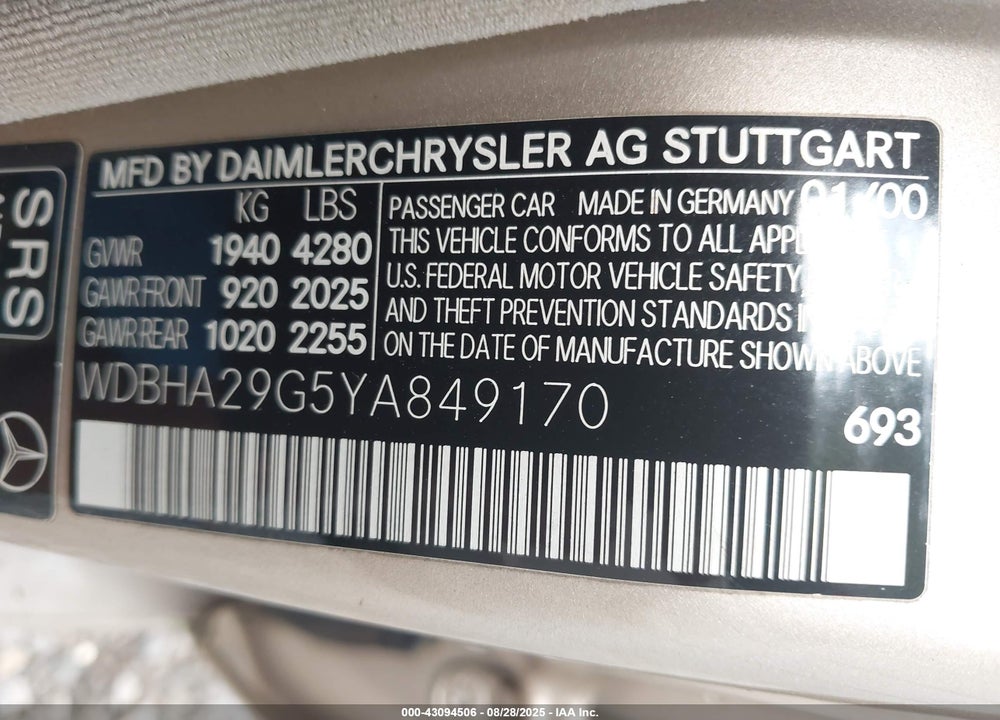 2000 MERCEDES-BENZ C 280 VIN: WDBHA29G5YA849170