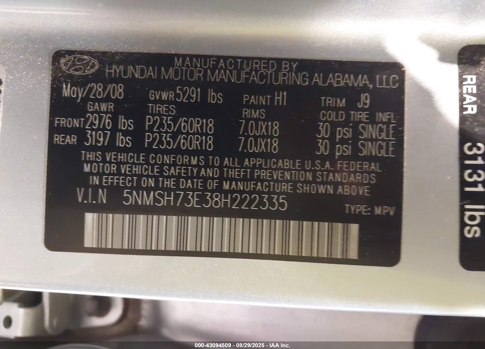2008 HYUNDAI SANTA FE VIN: 5NMSH73E38H222335