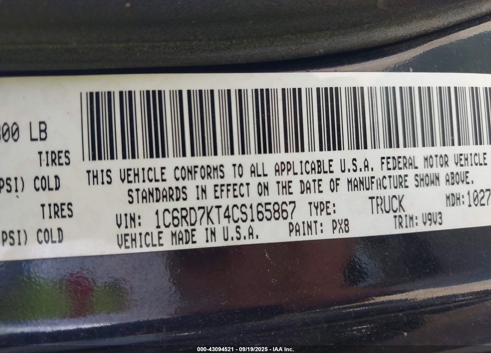 2012 RAM 1500 ST VIN: 1C6RD7KT4CS165867