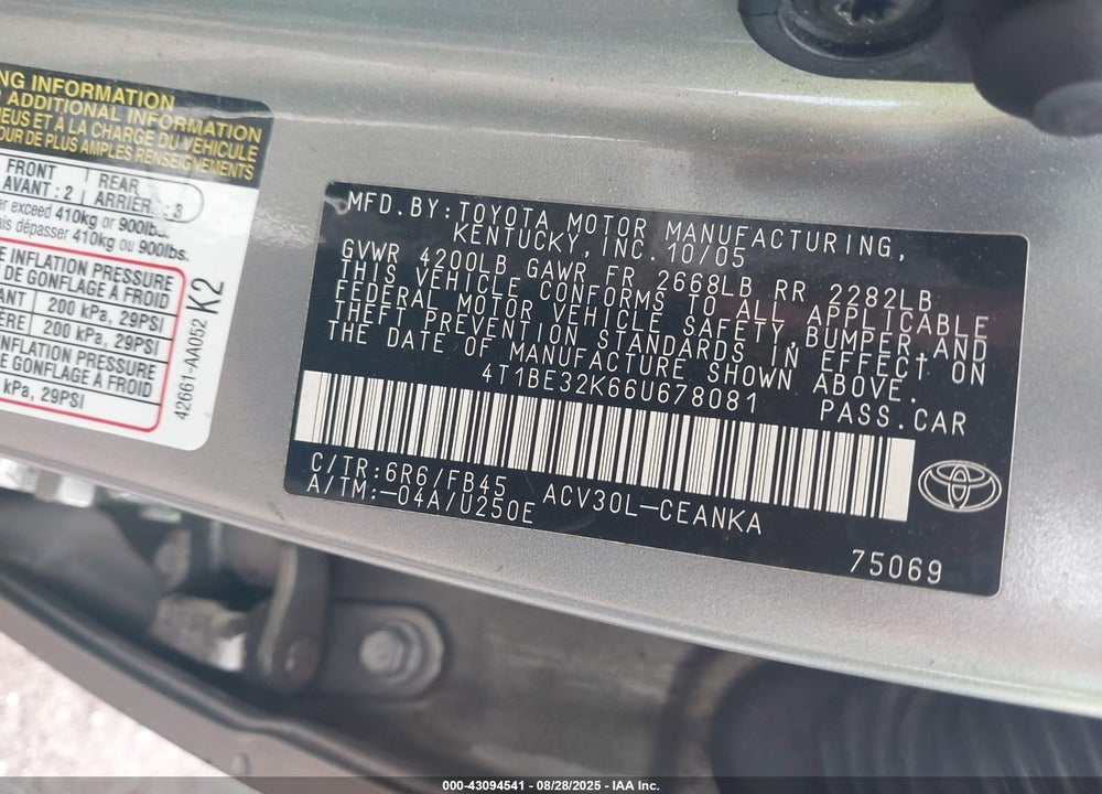 2006 TOYOTA CAMRY LE VIN: 4T1BE32K66U678081