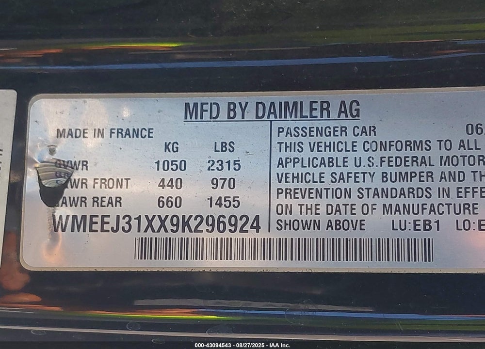 2009 SMART FORTWO VIN: WMEEJ31XX9K296924