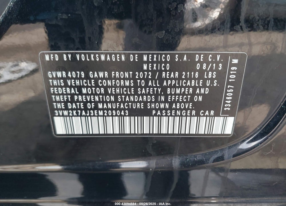 2014 VOLKSWAGEN JETTA 2.0L S VIN: 3VW2K7AJ3EM209043