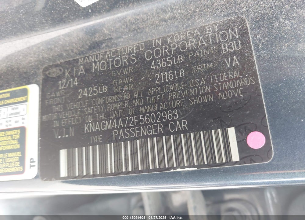 2015 KIA OPTIMA VIN: KNAGM4A72F5602963