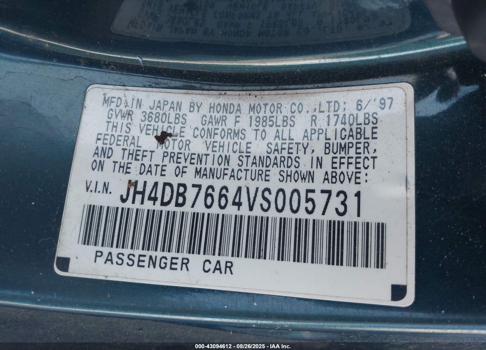 1997 ACURA INTEGRA GS VIN: JH4DB7664VS005731