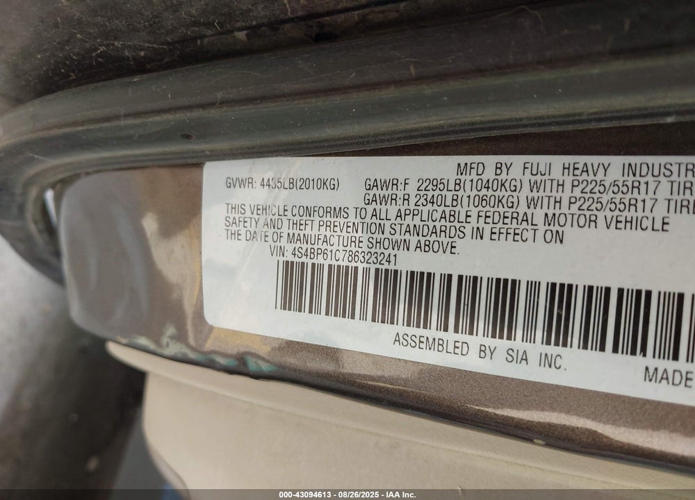 2008 SUBARU OUTBACK VIN: 4S4BP61C786323241