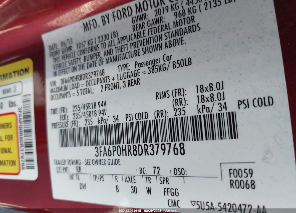 2013 FORD FUSION VIN: 3FA6P0HR8DR379768