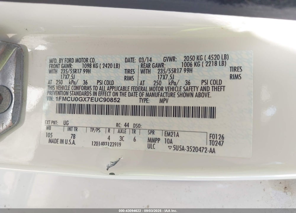 2014 FORD ESCAPE VIN: 1FMCU0GX7EUC90852