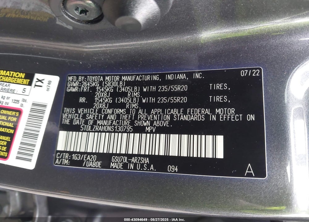 2022 TOYOTA HIGHLANDER XSE VIN: 5TDLZRAH0NS130795