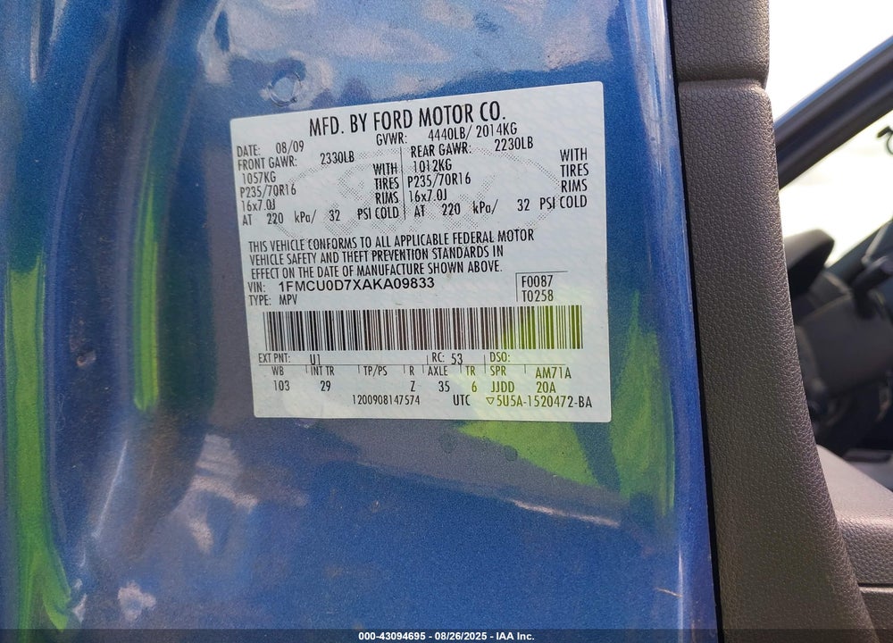 2010 FORD ESCAPE VIN: 1FMCU0D7XAKA09833