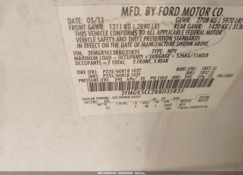 2011 FORD FLEX SEL VIN: 2FMGK5CC2BBD35835