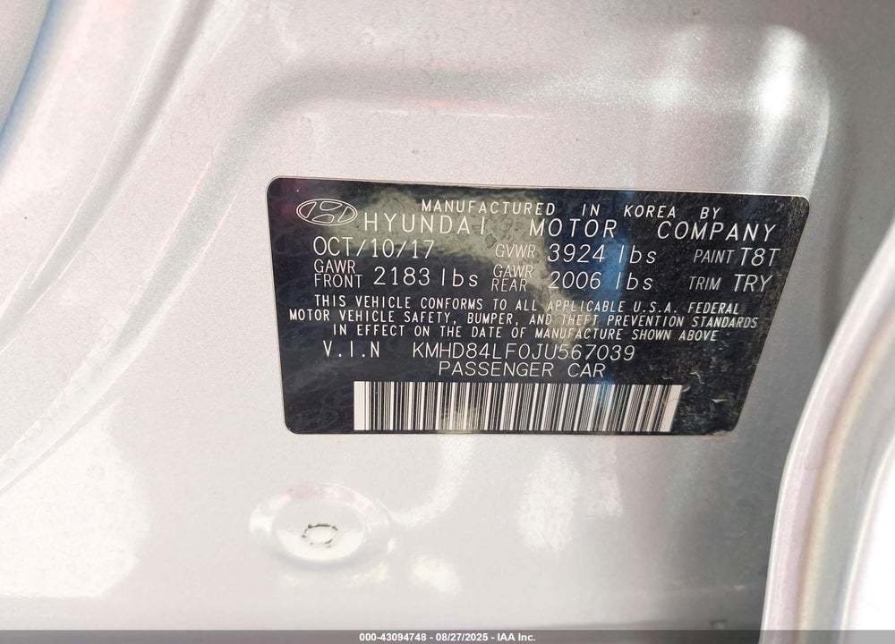 2018 HYUNDAI ELANTRA VIN: KMHD84LF0JU567039